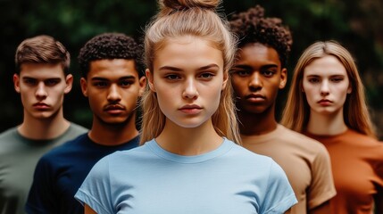 Serious and Focused Multiethnic Group of Five Young People Outdoors Portrait a diverse