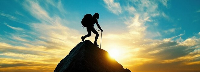 Silhouette of person climbing sunset mountain peak with stunning sky Man he heights ambition