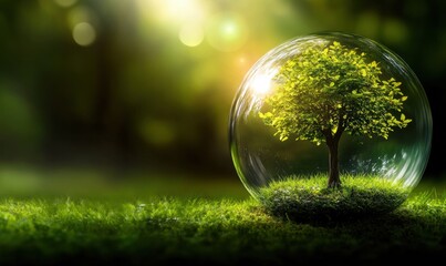 Single tree in crystal ball on grass with vibrant green Cystal Earth Protect Growth Inside