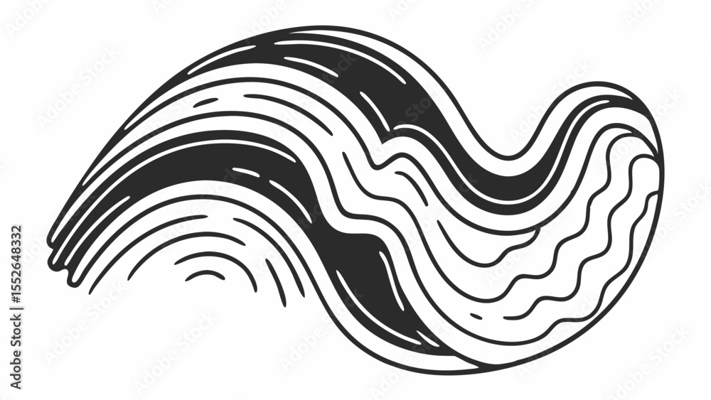Poster abstract flowing pattern with alternating thick and thin lines forming a wave like shape on white ba
