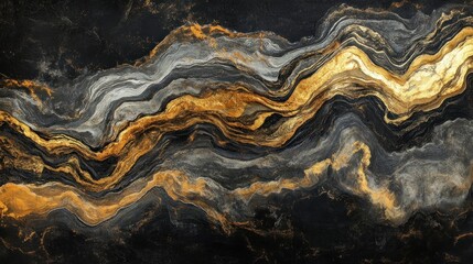Fototapeta premium A dramatic abstract design featuring fluid metallic streaks in gold, silver, and bronze, set against a deep black background for a luxurious visual effect