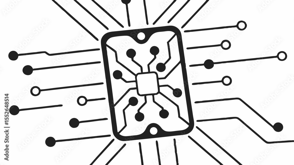 Poster illustration of a central processing unit with connected nodes and radiating lines design element cr