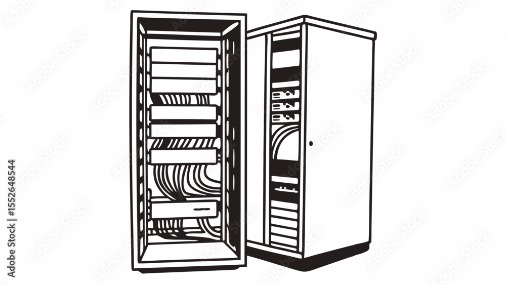 Poster illustration of two server racks with visible cables and hardware components inside the open cabinet