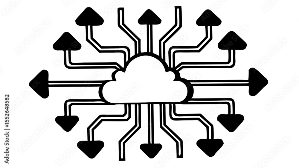 Poster cloud computing network diagram with arrows pointing in different directions in black and white styl