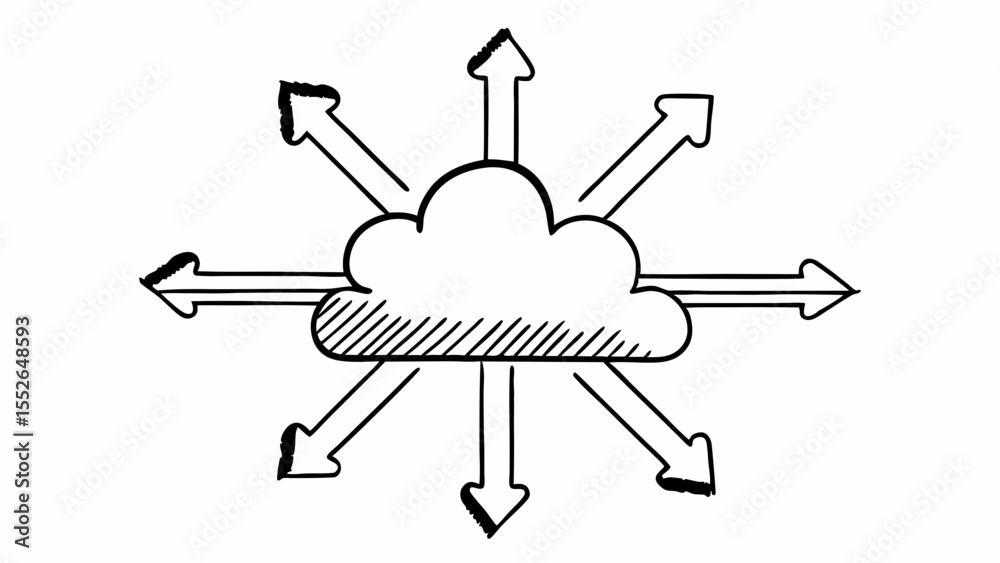 Poster cloud computing network with arrows pointing in all directions in a hand drawn style illustration cr