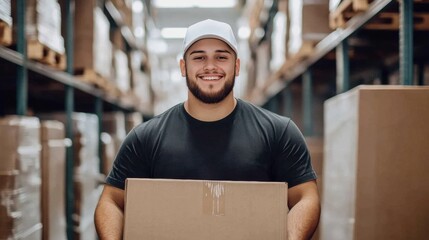 Smiling warehouse worker in black t-shirt holding box surrounded by Enthusiastic Shipping and Receiving Handling