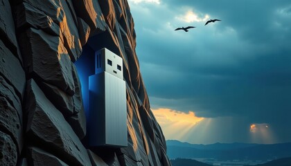 A close-up of a metallic USB flash drive plugged into a textured rocky wall with a dramatic sky and flying birds in the background at sunset