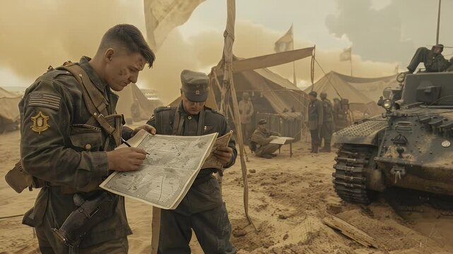 World War II Soldiers Planning Strategy with Map in Desert Camp