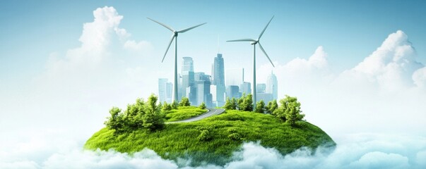 Sustainable Island Cityscape: 3D Render of Eco-Friendly Urban Landscape with Renewable and Energy Concept, Environmental
