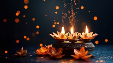 Traditional Indian Metal Diya Oil Lamp on Dark Blue Background Happy Diwali Festival Background, Decorated