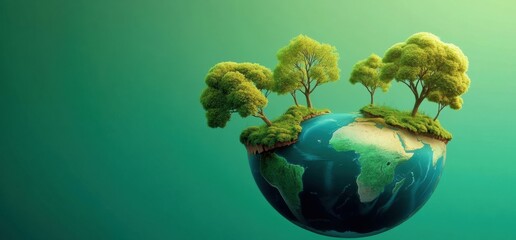 Tranquil 3D Globe with Green Background, Island, Trees, Bushes, Mountains, world background Copy space