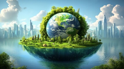 Tranquil Island Scene with Globe, Buildings, and Nature Elements in World Ozone Day Background, International