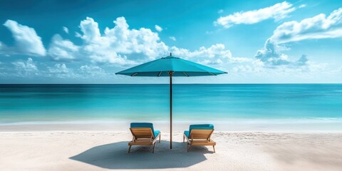 Tranquil beach scene with blue umbrella, lounge chairs, serene sky, umbrella chairs