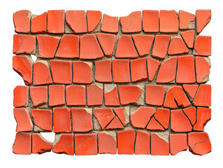 Red tiles, irregular shapes, crumbling, exposed cement