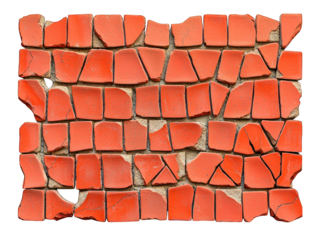 Red tiles, irregular shapes, crumbling, exposed cement