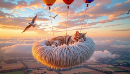 Whical Hot Air Balloon Ride with Sleeping Cat in Fluffy Basket Du Sunrise with Birds Flying Over Scenic Landscape Adventure