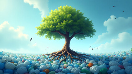 Powerful surreal environmental illustration: a lone tree thriving amidst a sea of plastic waste, promoting international plastic bag free day