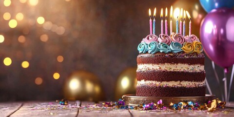 Two-tiered birthday cake with colorful balloons on wooden table, lit Happy candles