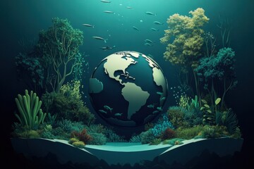 Underwater Illustration: Globe Surrounded by Plants, Trees, and Fish in World environment day with sea marine