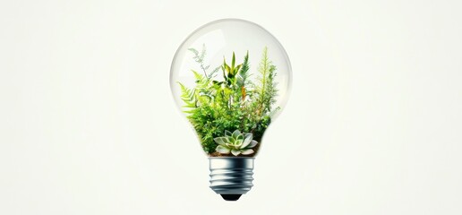 Unique Round Light Bulb with Greenery Plants Inside on White Eco friendly lightbulb