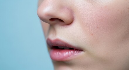 Naklejka premium Close up of woman's face showing skin texture and lips against a blue background