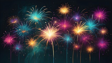 Naklejka premium A vibrant display of fireworks and colorful lights in the sky at night, creating a dazzling atmosphere.