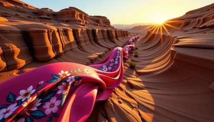 Vibrant pink snake with colorful floral patterns slithe through rugged desert canyon landscape du sunset with golden light in the distance