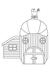 hand drawn vector illustrations Whimsical black and white line art illustration of a charming gingerbread house, perfect for coloring books and creative projects. This delightful candy house design	
