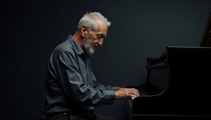 Man Playing Piano Indoors in Dim Light