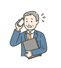 仕事が忙しく焦る高齢男性の上半身イラスト