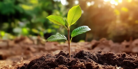 Vibrant green plant with five leaves thriving in freshly dug Tree growth background, World environment day