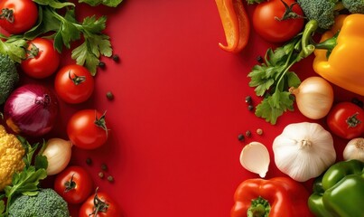 Vibrant flat lay of fresh vegetables and fruits on a Organic Vegetable Advertising Background, Vegetarian Food