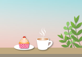 Hot coffee cup with cupcake on wood table. Bright morning. Illustration for breakfast, lifestyle, holiday, chill out and relaxation concept. shadow overlay. copy pace for text. paper cut design style.