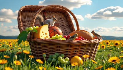 Vibrant picnic basket filled with fresh fruits cheese and snacks in a sunny sunflower field under a bright blue sky with fluffy clouds and rolling green hills