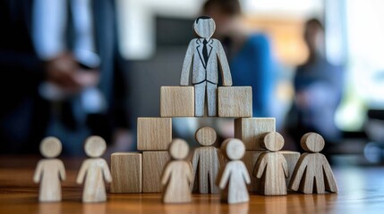 Wooden Pyramid of Diverse Figures in Office Environment Conveys Collaboration Human resources management. Talent acquisition strategies