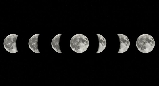 Realistic moon phases in sequence with night sky, black gradient to dark grey background