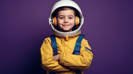 Young boy in astronaut suit standing against purple backdrop, smiling Future Thinking