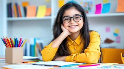 Young girl with yellow blouse and glasses smiling in office Joyful Preschool Teacher Instilling Love