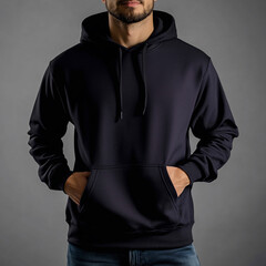 Navy Blue Hoodie displayed on a black background for a fashion and clothing showcase