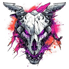 Stylized illustration of cybernetic skull with horns set against a vibrant pink and orange abstract background.