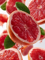 Fresh grapefruit floating isolated on white background with vibrant orange-pink skin and juicy texture, highlighting natural freshness and healthy lifestyle in a clean minimal composition.