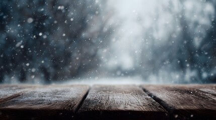 Snowy winter scene with wooden table in foreground