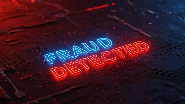 Digital representation of fraud detection with glowing neon text on a circuit board background - Powered by Adobe