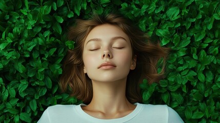 Young woman in white t-shirt lying on green leaves bed Relaxed laying down