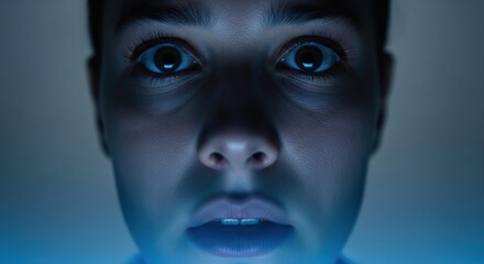 Close up face with wide eyes looking shocked in blue light horror movie concept art