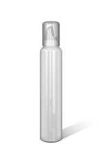 A clear spray bottle with a pump top, typically used for liquids like hair products or cleaning solutions.