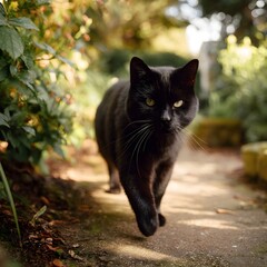 Black cat strolling along a garden path under dappled sunlight