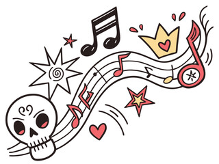 Fototapeta premium Music star doodle icon punk rock set vector . Hand drawn music sketch guitar, microphone, skull. Fun graffiti star shape doodle arrow, crown, speech bubble grunge decoration elements. doodle,