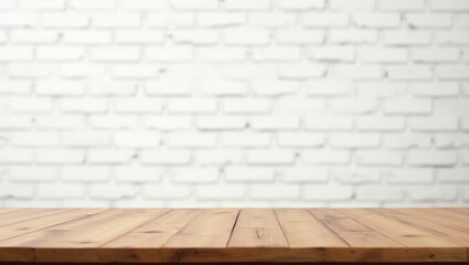 Light Brown Wooden Tabletop Against Blurred White Brick Wall 1