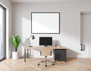 Modern Minimalist Home Office with Wooden Desk and Large Window